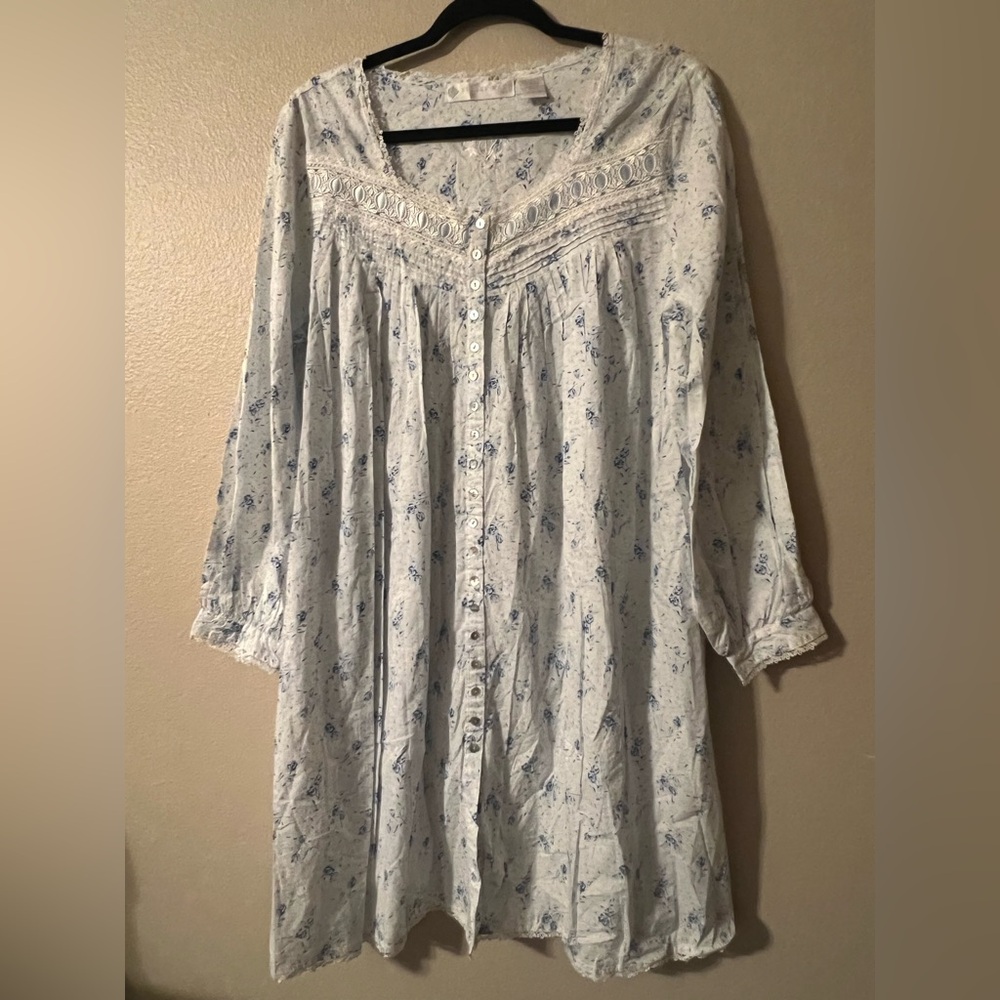 Eileen West Cotton blue Floral LS Long Nightgown cottagecore lace vtg - Picture 3 of 8